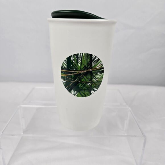 Starbucks 2014 Travel Mug Ceramic Lid White Strands Green Gold Circle Patch 12oz - Picture 9 of 9